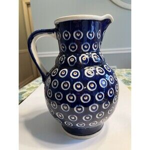 Boleslawiec Polish Pottery Peacock Eyes Blue Pitcher Large 64oz  9-1/2 in Tall